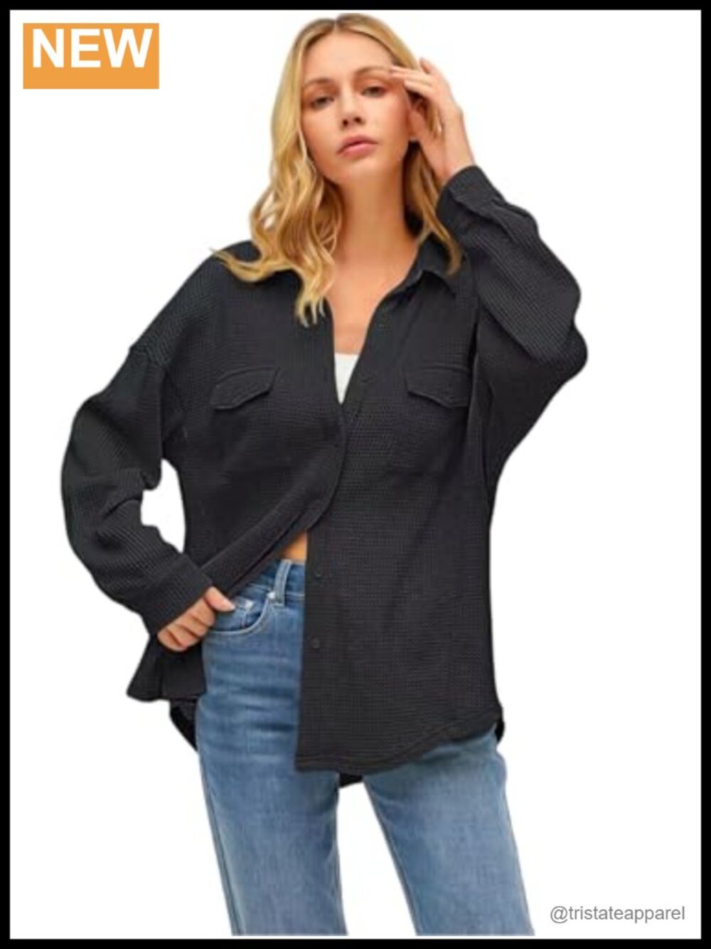 Waffle Knit Button-Down Shirt, Loose Long Sleeve Casual Top with Chest Pockets